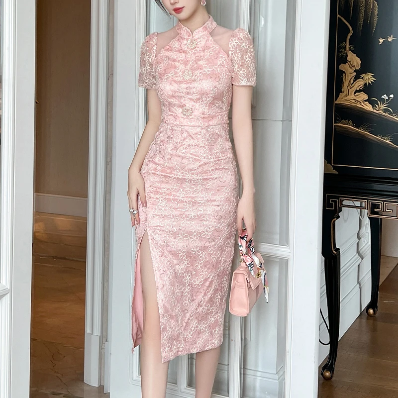 ZYHT 80209 Cheongsam Qipao Chinese Dress Modern Pink Lace Slit Dress Short Sleeve Elegant Floral Women Dress