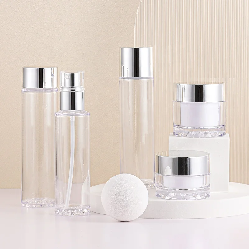 Wholesale customized 30g 50g cream bottle 100/125/150ml pet plastic sunscreen spray lotion pump skincare bottle set