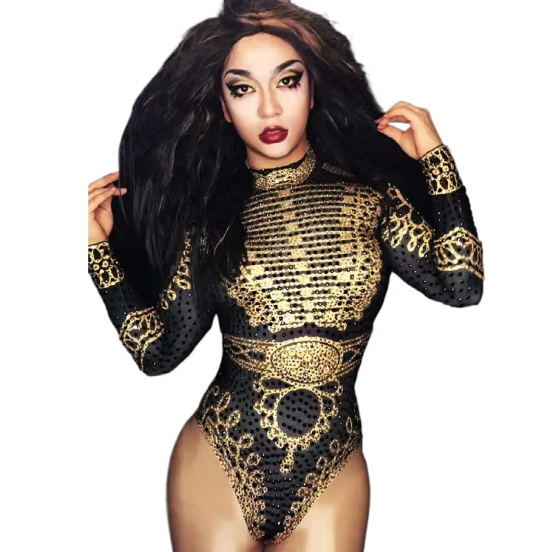 Shiny Elastic Tights Black Red Military Rhinestones Bodysuit Women Sexy Singer Dancer Leotard Stage Costume Club Party Playsuits