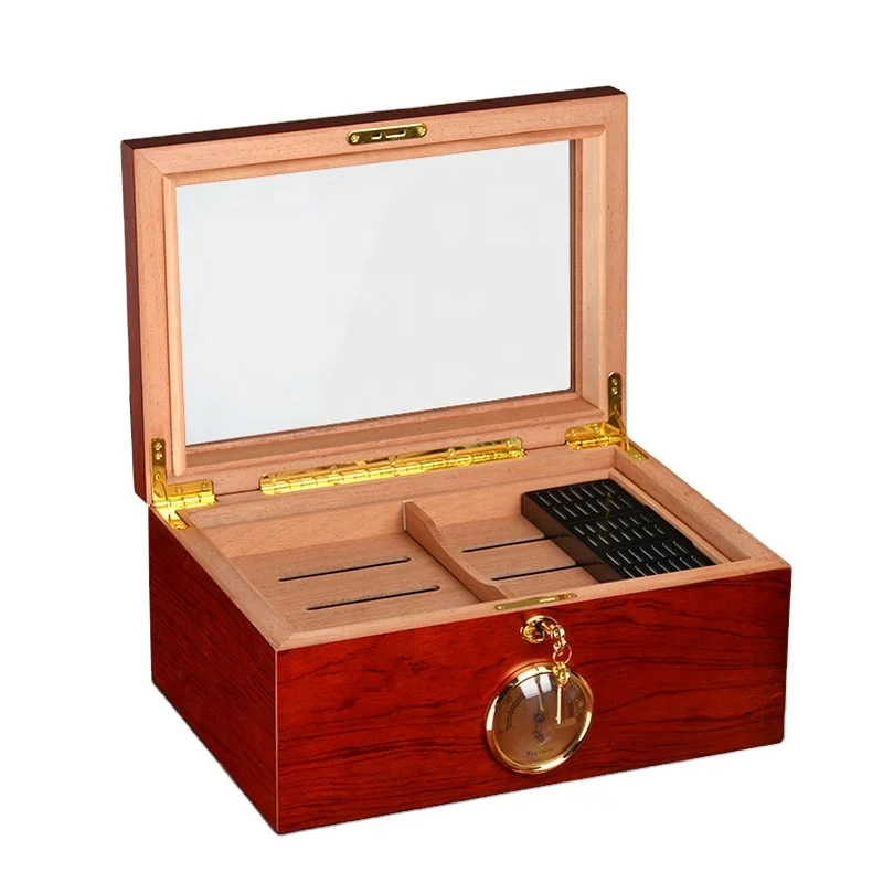 Custom made cheap price highlight cedar wood cigar case humidors for cigar temperature controlled cigar box with gauge