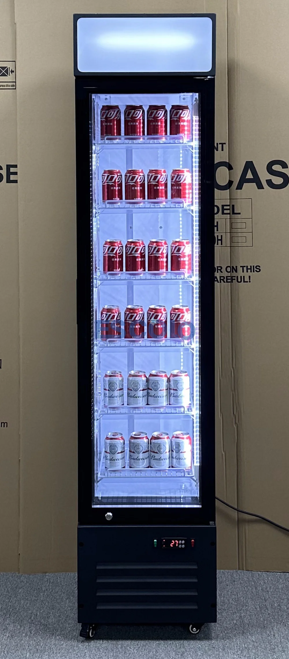 Energy Efficient Slim Cooler 220L Vertical Glass Door Display Fridge for Display Retail Drinks and Food