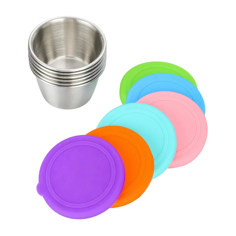 Leakproof Reusable 70ml 304 Stainless Steel Food Grade Sauce Cup with Silicone Lid Korean Seasoning Dipping Dishes