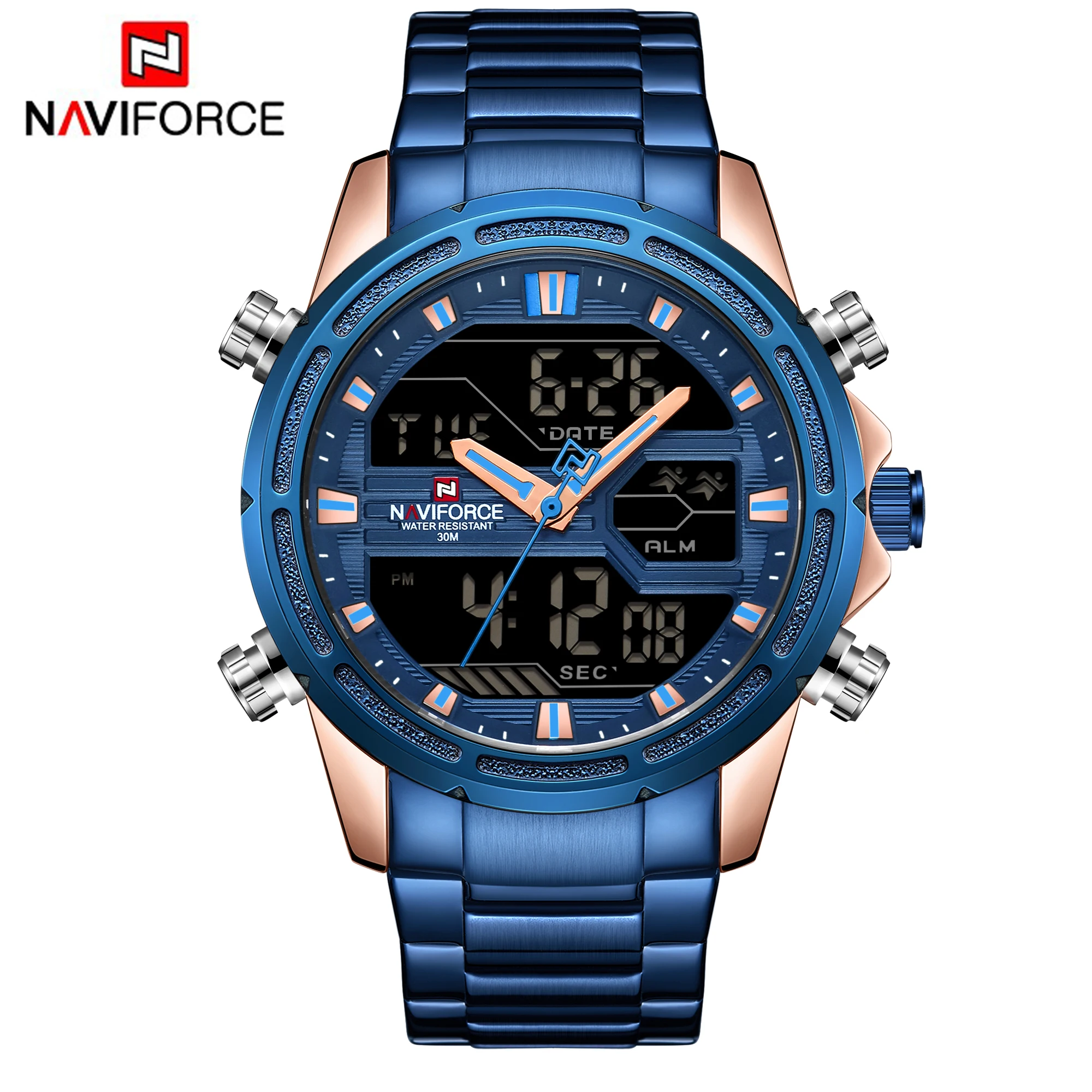 Top Brand Luxury Digital Quartz Watch Men LED Electronic Fashion Casual Blue Clock reloj naviforce 9138