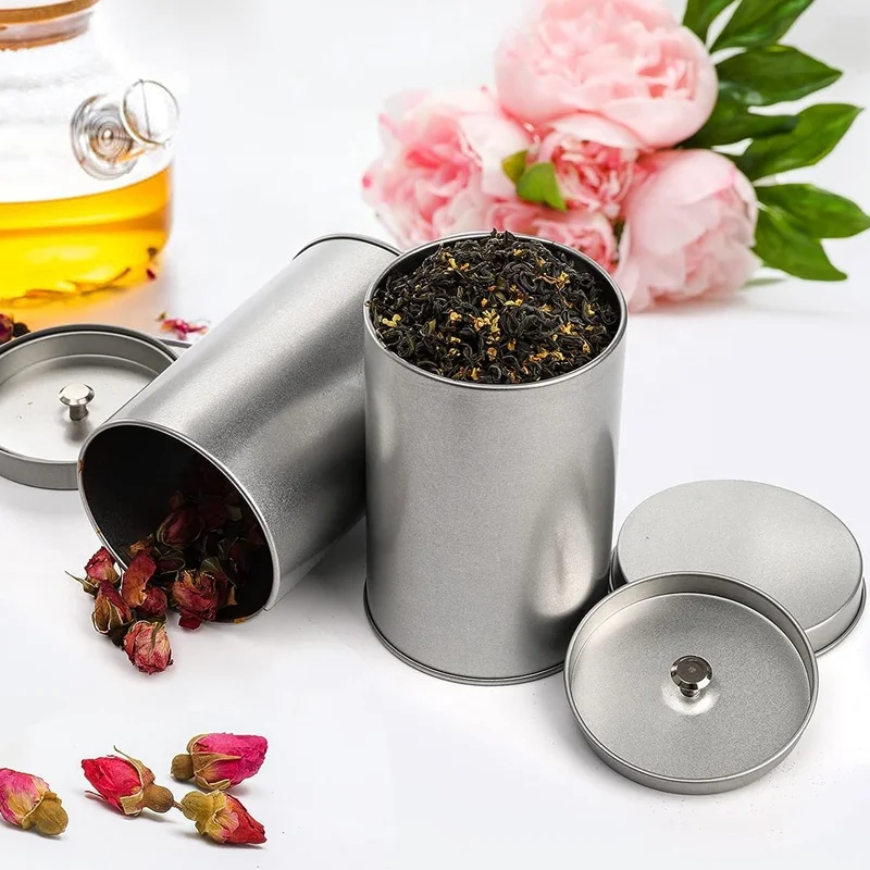 Silver Tea Tin Canister With Airtight Double Lids 20 Oz Small Round Kitchen Tin Can Box For Loose Tea Coffee Candy Herbs Spices