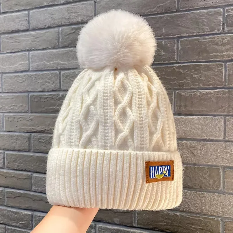Winter Solid color knitted beanie Fashion Thickened brushed winter hats with plush ball for girl