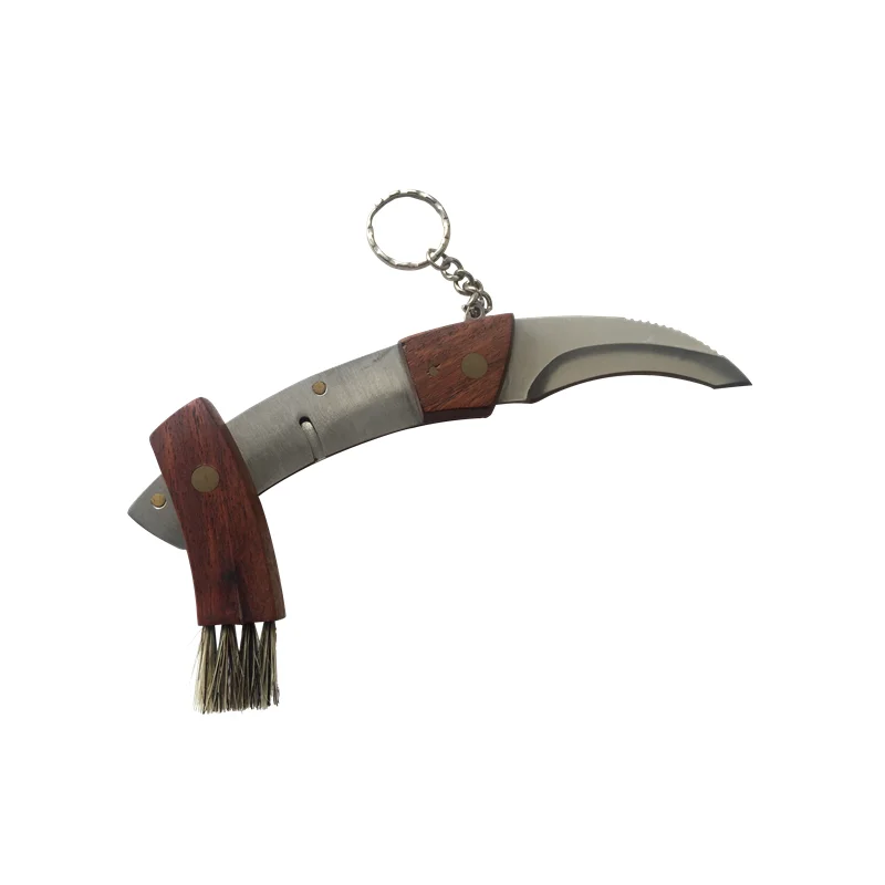 good quality wooden handle Outdoor Camping Mushroom picking Foraging Folding knife with brush
