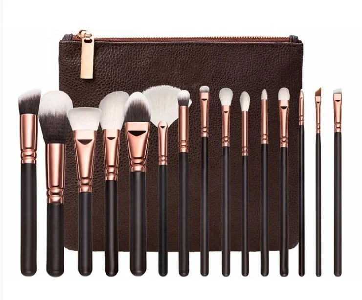 15pcs Hot selling mini cosmetic brush make up pink cosmetic brushes set with PU leather bag