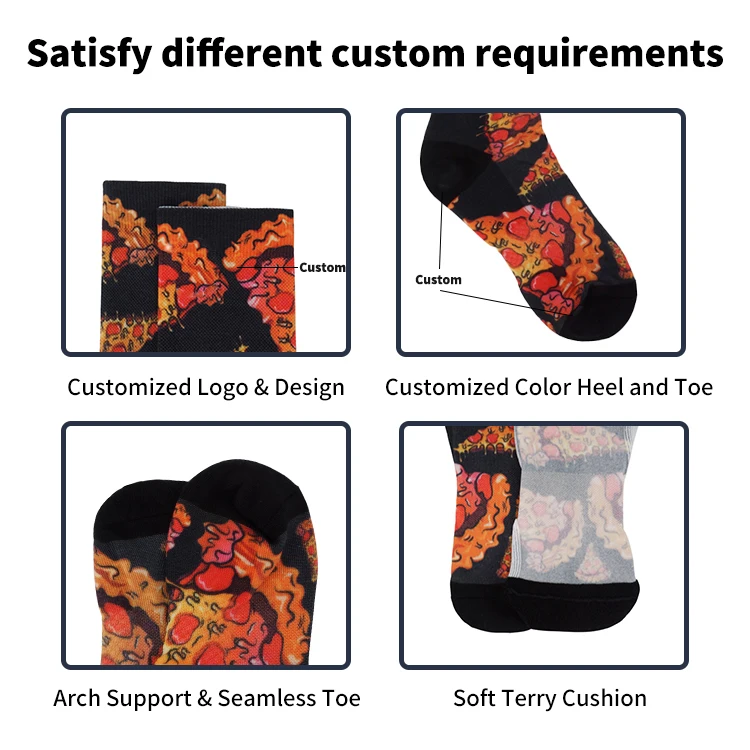 Hot sale high quality design your own cartoon 3d socks print custom design socks pizza no MOQ