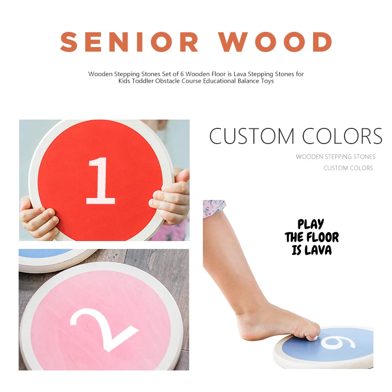 Xiair Montessori Balancing Step Stones For Kids Non-Slip Rainbow Wooden Balance Stones Set Of 6 Jumping Walk Training Toys