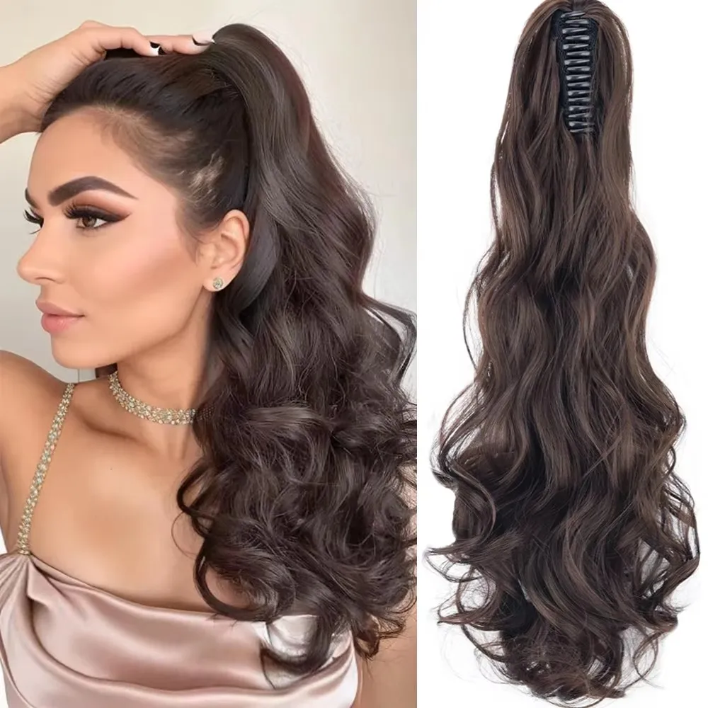 wholesale Claw Clip in Hair Extension 22 Inch Natural Soft Jaw Claw Synthetic Hairpiece Wavy Ponytail Extension for Women