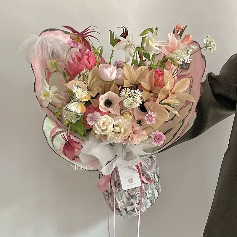 Popular Pink New Butterfly Flower Wrapping Paper Waterproof Double Sided Printed Flower Wrapping Paper For Florist Supplied