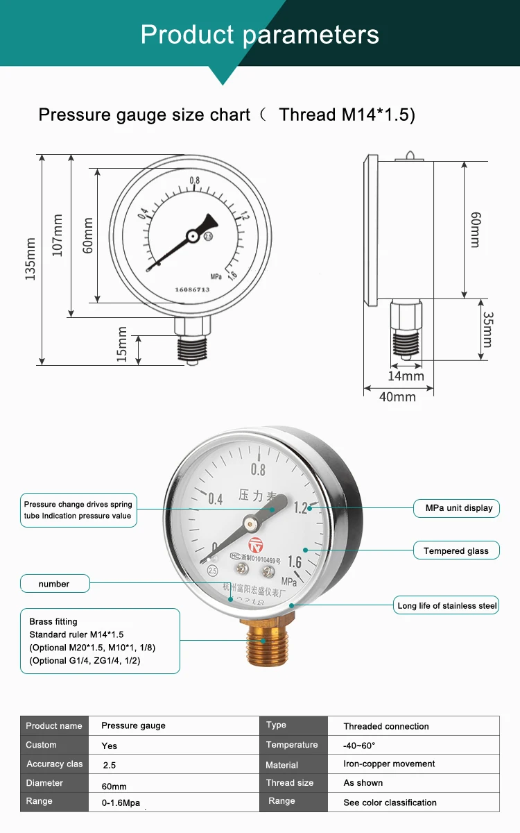 1/2 inch pressure gauge for farm irrigation system
