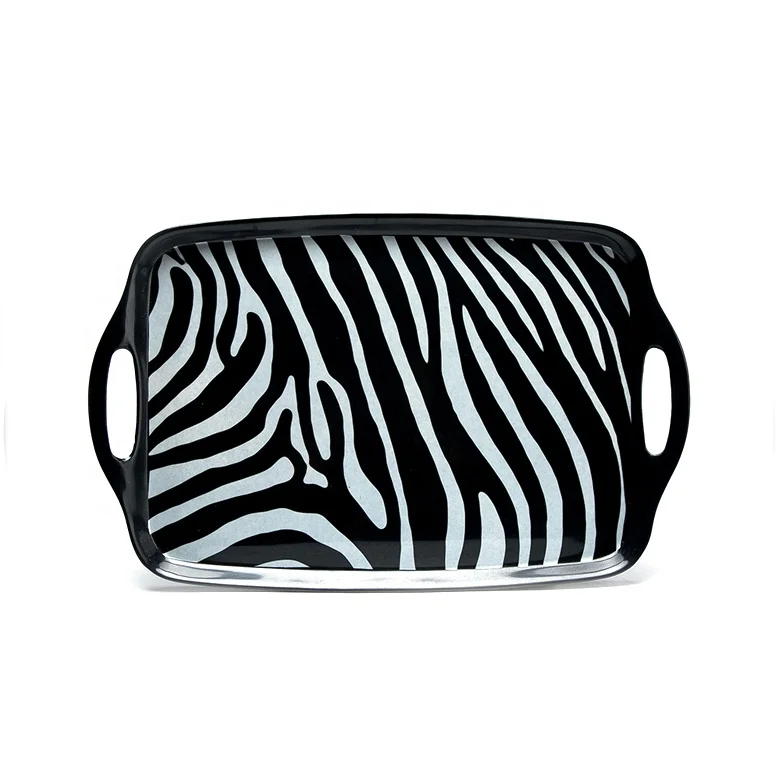 Hot sales custom design zebra pattern melamine tray black with handles