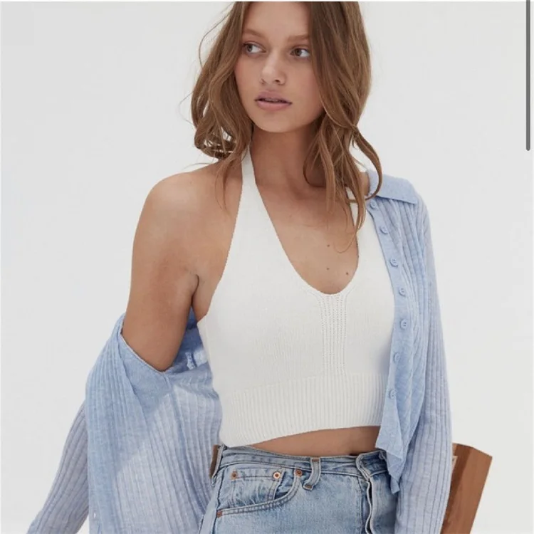 Свитер без рукавов с V-образным вырезом однотонный в рубчик ТРИКОТАЖНЫЙ УКОРОЧЕННЫЙ женский свитер майка Топ