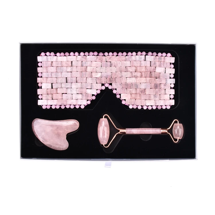 Wholesale Anti aging Skin Care Set Rose Quartz Eye Mask, Rose Quartz roller and Gua Sha Set With Gift Box
