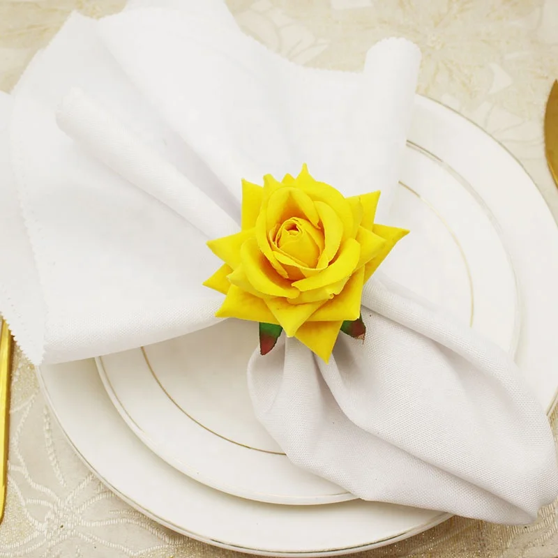 Newest Yellow Rose Flower Napkin Rings Gold Wedding Napkin Rings Holder Handmade Cloth Napkin Rings HWW01