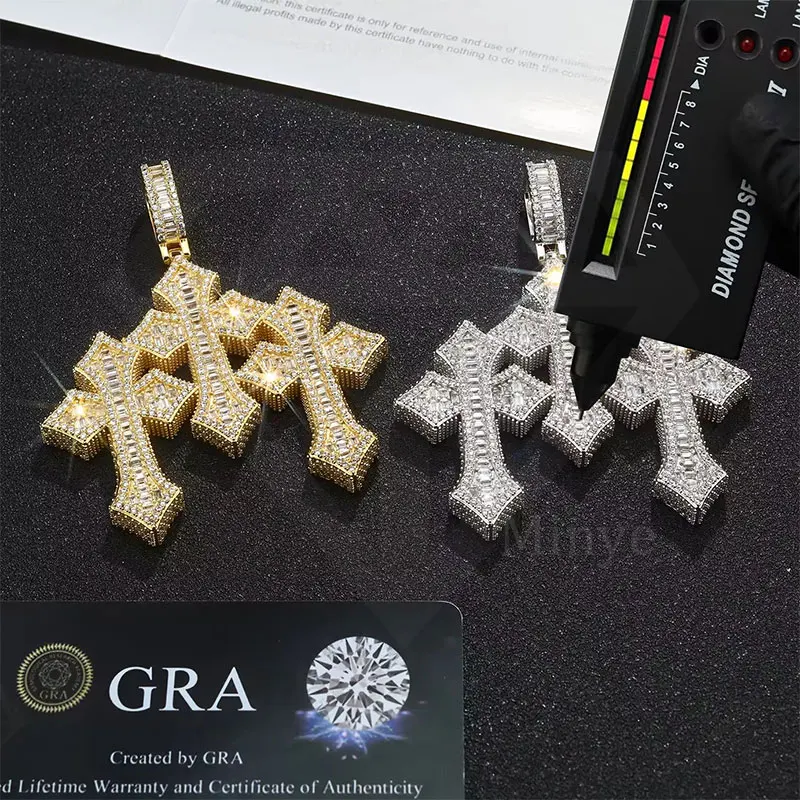 Unique Design Cross Charm GRA Certified VVS Moissanite Hiphop   Jewelry 925 Sterling Silver Hiphop Bling Iced Out Cross Pendant