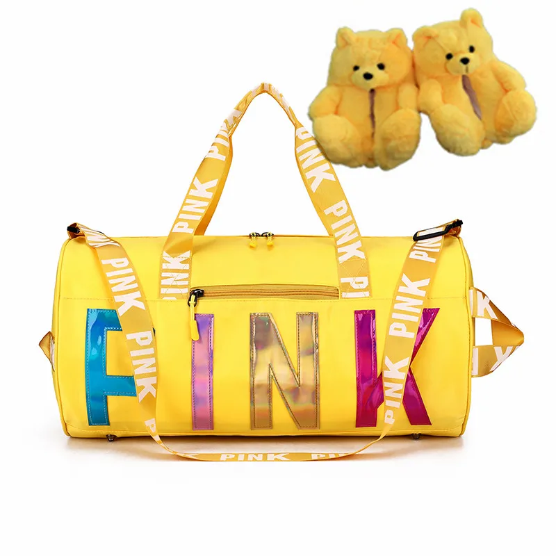 Новый дизайн, большая Дамская спортивная сумка для ночных прогулок, модная розовая спортивная сумка с блестками для девочек, набор плюшевых тапочек, обуви и сумок