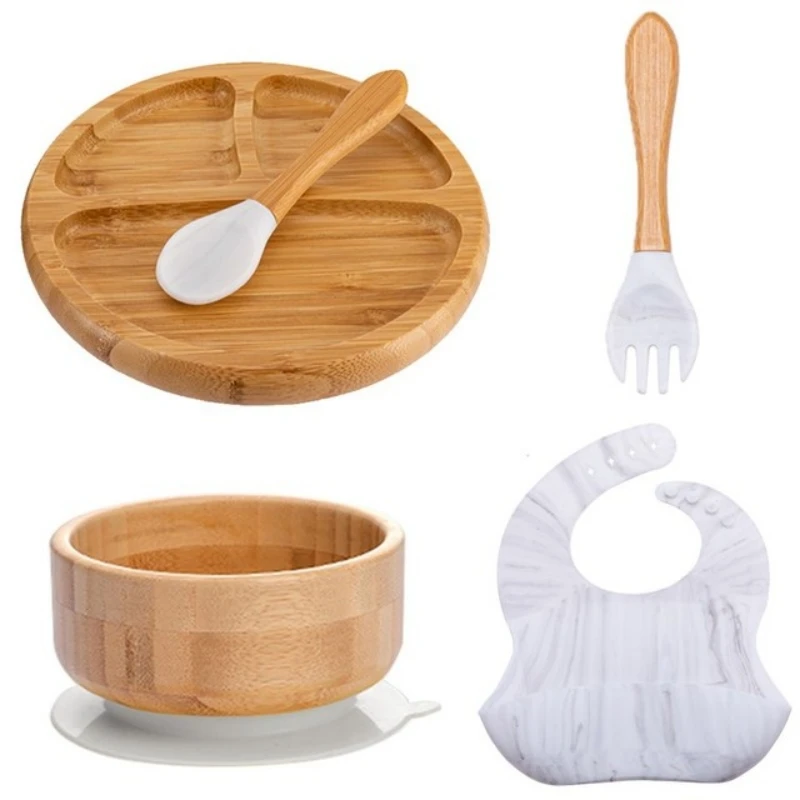 Manufacturer Factory Baby Led Weaning Set 5PCS Silicone Bib Baby Wooden Bowl Suction Plate Bamboo Baby Feeding Set