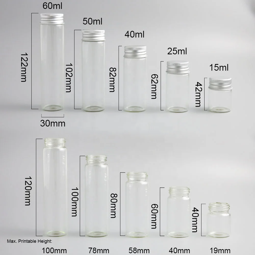 Transparent 15ml 25ml 40ml 50ml 60ml glass bottle with screw cap Aluminum Silver lid Empty Refillable Storage Tube Screw top