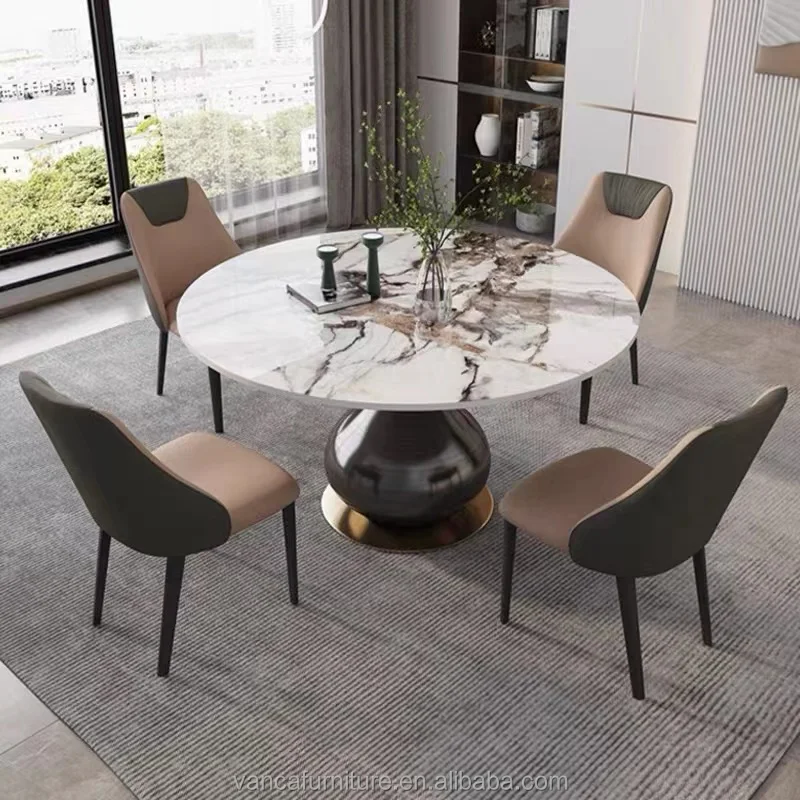 Modern simple small household light luxury bright rock plate round dining table