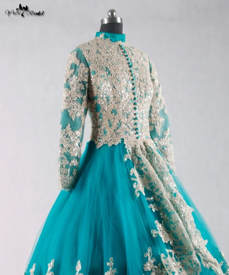 RSE695 Elegant Muslim Long Dress Islamic Clothing Green And Gold High Neckline Indian & Pakistani Clothing