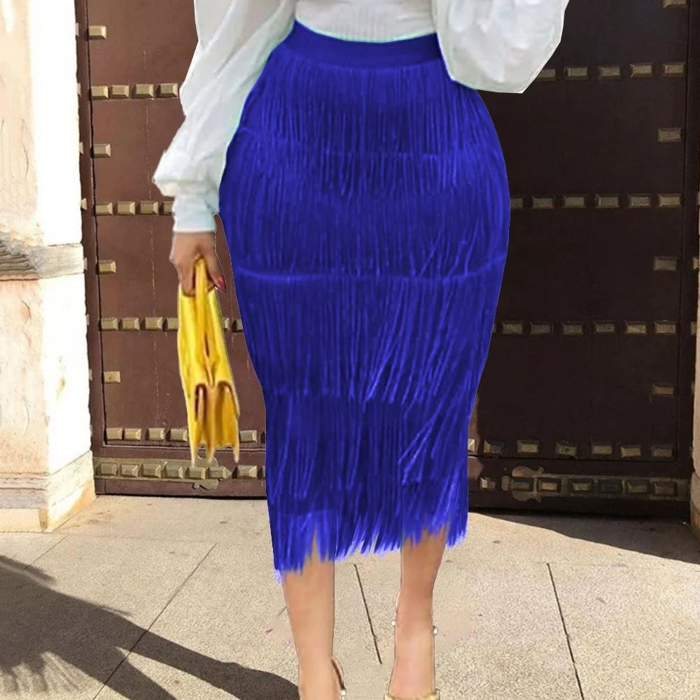 kc AM200303 Wholesale Custom Solid Office Ladies Skirts High Waist Stretch Tassel Womens Skirts Sexy Midi Fringe Skirt