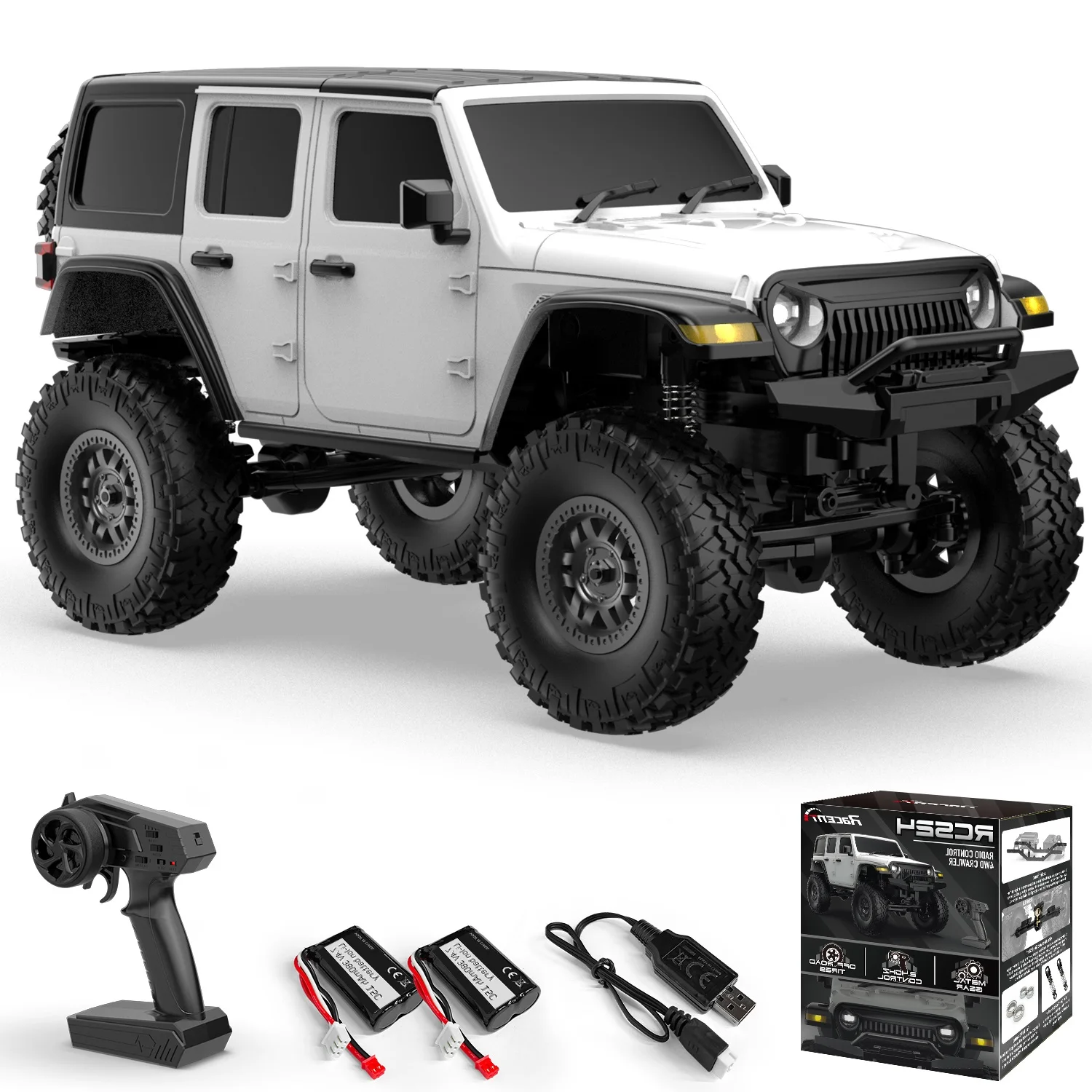 1/24 Scale RC Climbing Car with led Light sporty look tackle rough surfaces with ease and precision-white