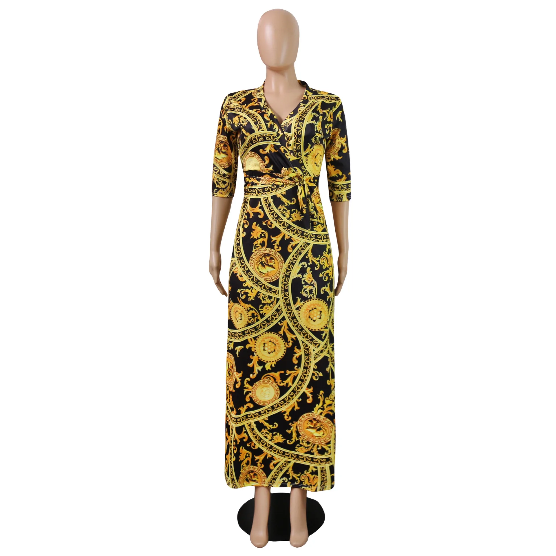 Casual Deep V-Neck long Sleeve Maxi Dress Flower Printed Women Plus Size Dresses