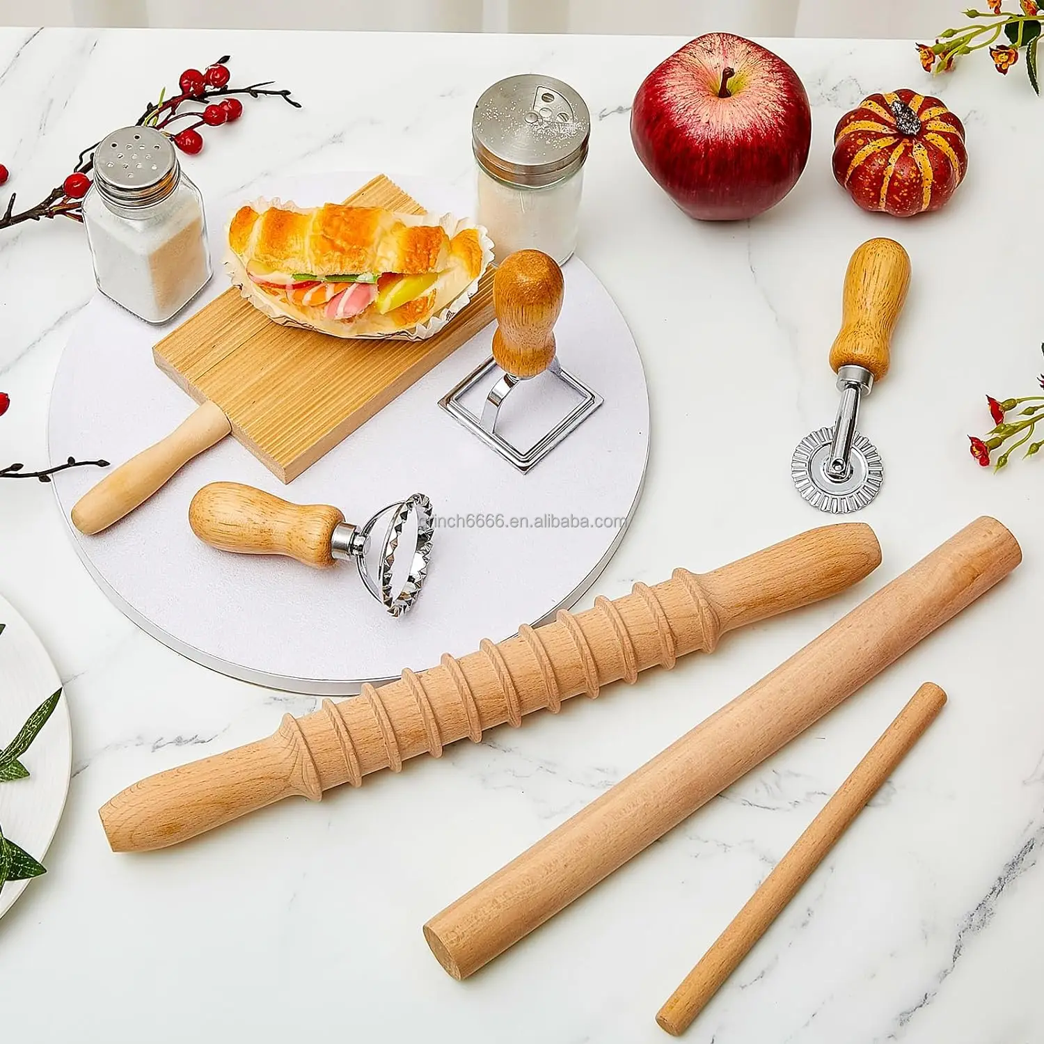 Pasta Making Tool Set Include 1 Wooden Cutter 1 Rolling Pin 1 Gnocchi Board Wood with Roller 3 Ravioli Stamp Maker Cutter