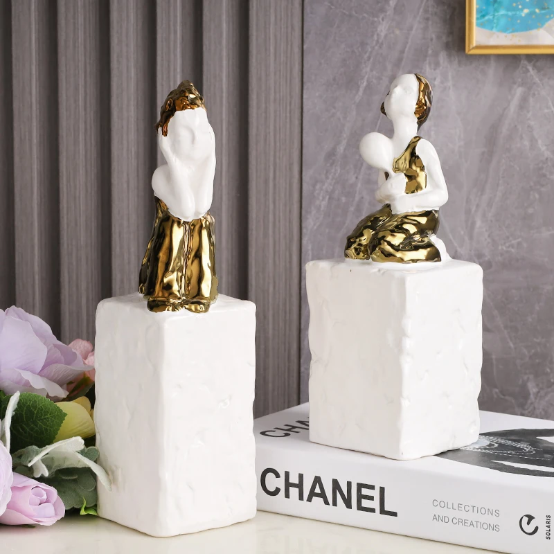 Girl Statue Golden Dress Ceramic Craft Art Ornament Art Figurine Home Decoration