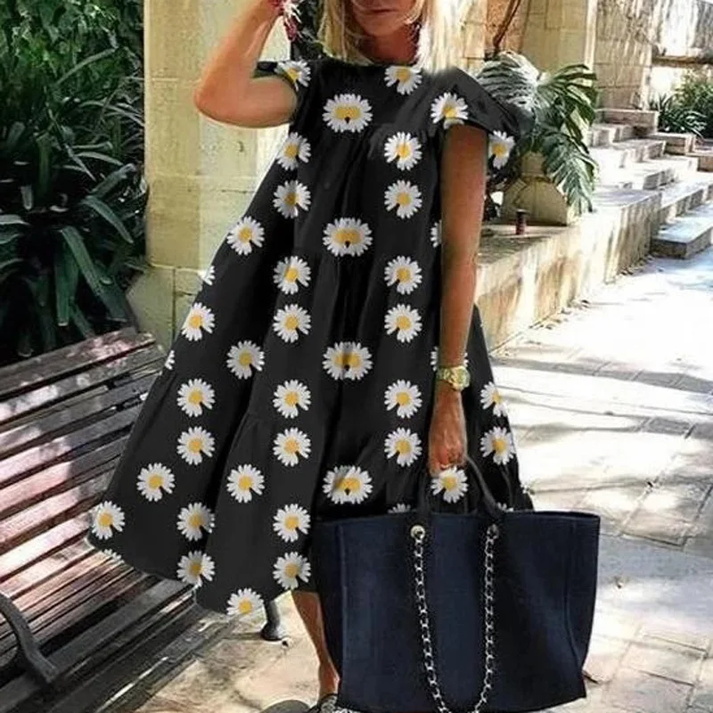 
Shopping For Clothes Online Designer Dress Round Collar Flying Sleeve Dress Casual Leaf Print Beach Dresses 