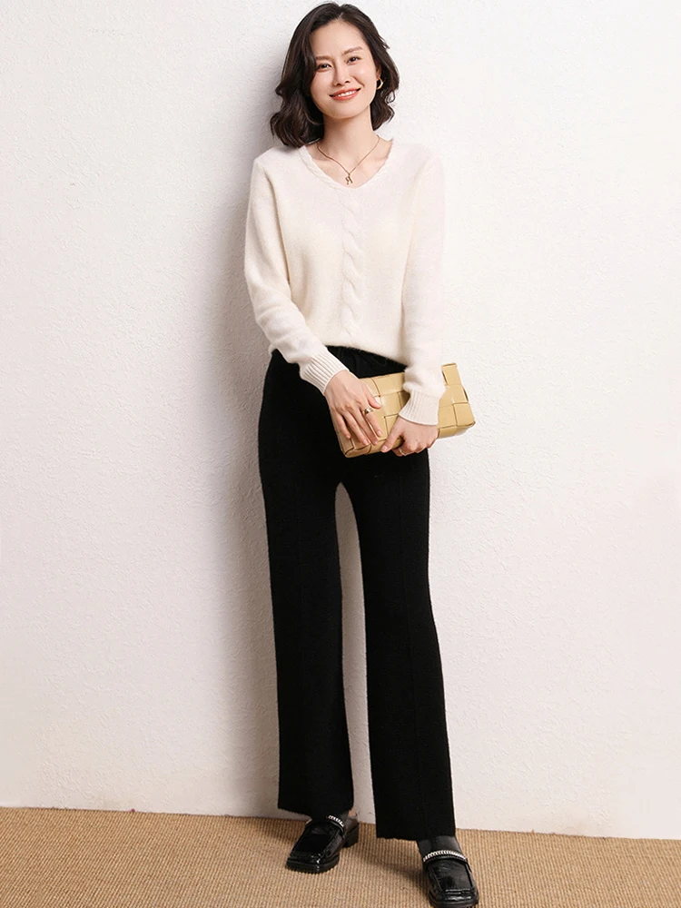 Women Waffle Knit Loose Wide Leg Casual Cashmere Pants with Drawstring