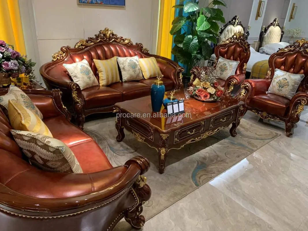 Europe Style Top Grain  Genuine Leather Furniture Sofa Set  Solid Wood Frame Living room Sofas  Set