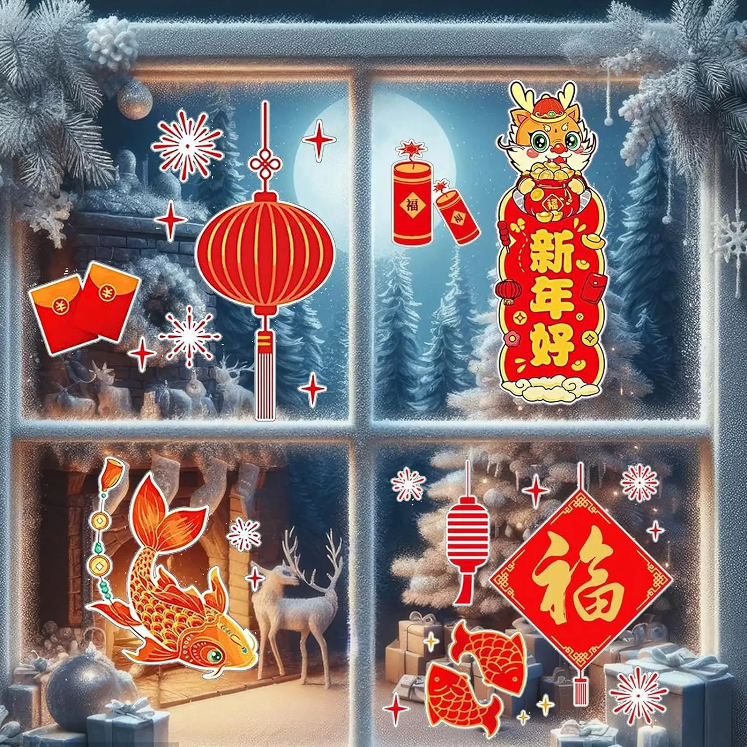 Chinese New Year Window Clings Chinese Zodiac Dragon Wall Door Stickers 2024 The Year of Dragon Fu Character Window Stickers