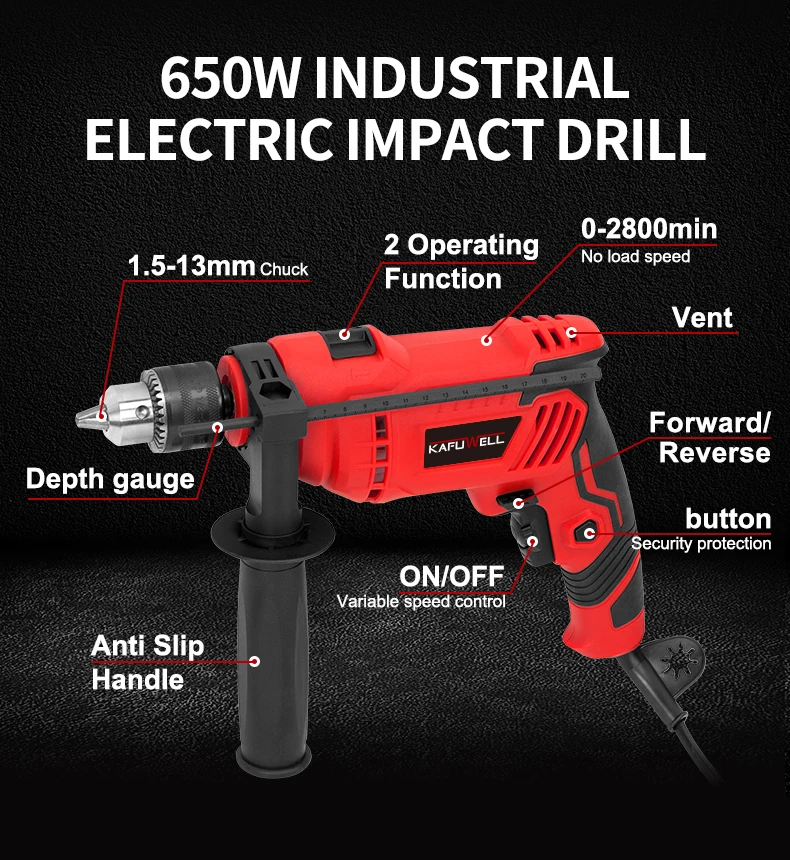 KAFUWELL PA5347 650w Industrial Professional Pistol Type Electric Percussion Drill Set Multifunctional Hand Drills With Impact