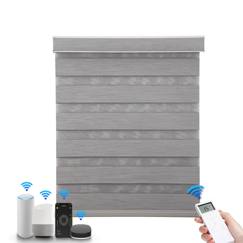 2022 современные дизайнерские серые горизонтальные жалюзи умные электрические полиэфирные светофильтрующие моторизованные полосатые роликовые жалюзи Блэкаут