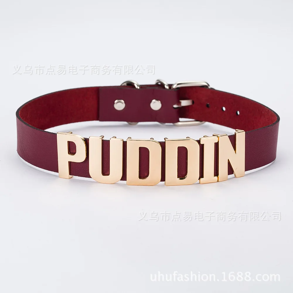 Puddin letter leather collar little ugly girl necklace Thick Choker Punk Gothic Jewelry Charm Personalized Black PU Leather