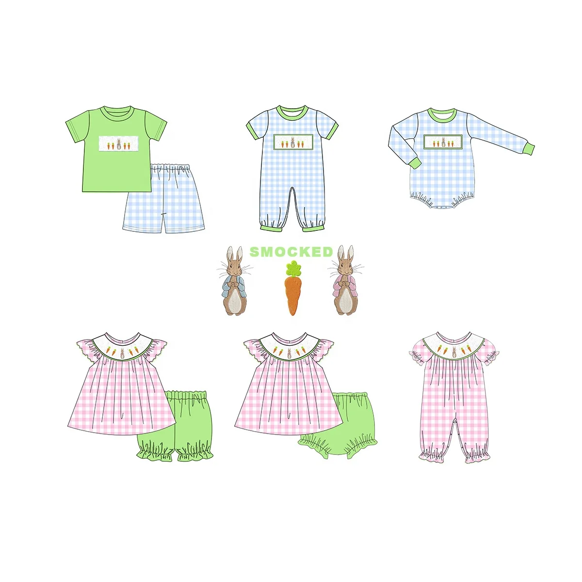 Puresun custom designs easter holiday smocked children clothing rabbrits carrots embroidery boutique baby girl clothing
