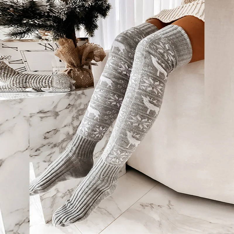 Autumn winter Christmas snow elk long tube knitting over the knee pile socks lady