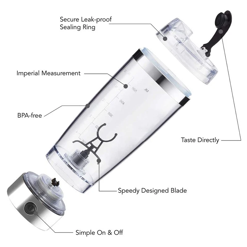 16oz USB Rechargeable Bodybuilding Gym Protein Shaker Bottle Electric Protein Shaker Cup bottle with Powder Storage