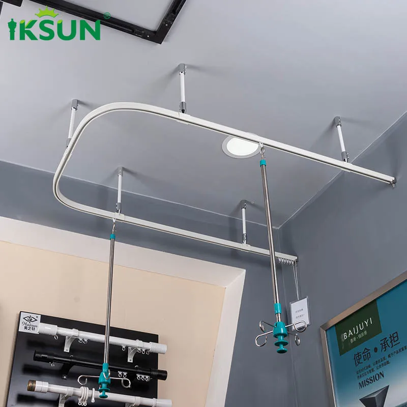 Iksun manual bending flexible top ceiling mounted l shape sliding bendy curtain rail for bay window