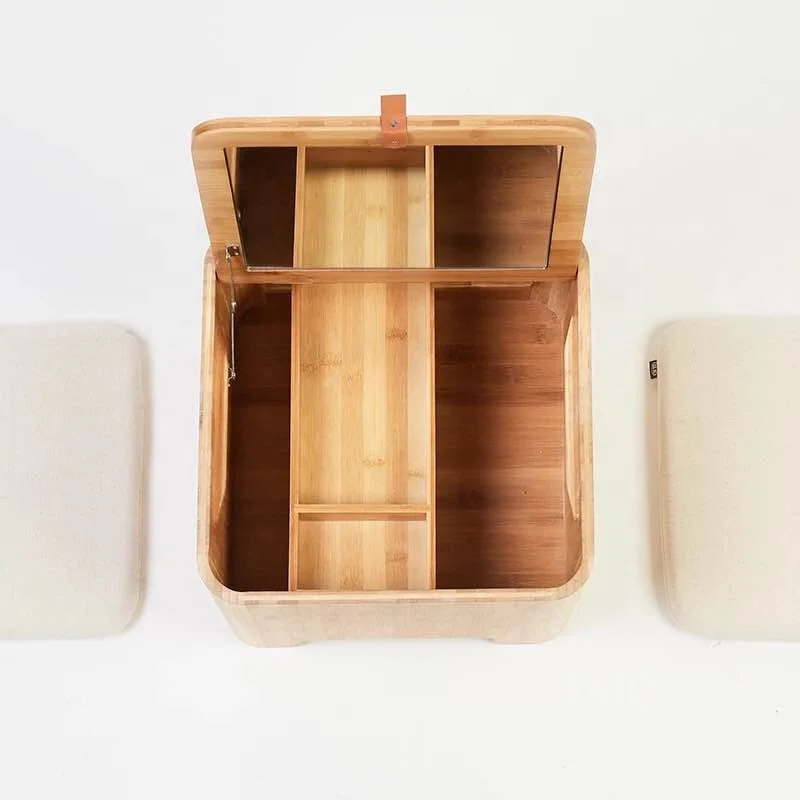 Bamboo Small Coffee Table Tatami Tea Table Storage Ottoman Dressing Table Living Room Furniture with 2 Cushions and Mirror