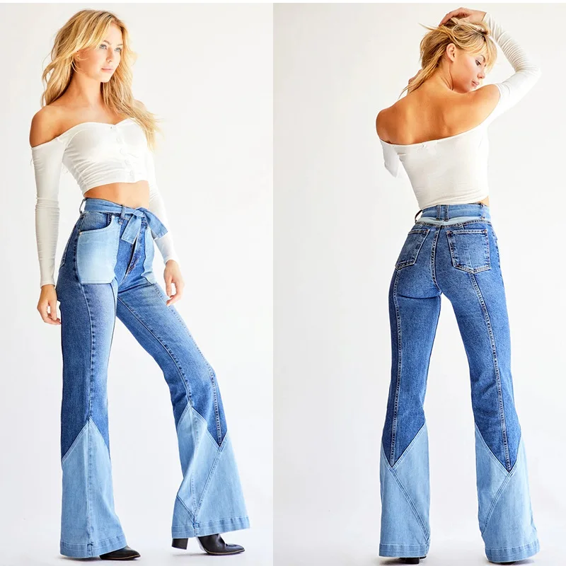 Women High Waist Two Color Stitching Slim Denim Pants Jeans With Belt  Beauty Denim Flared Pants