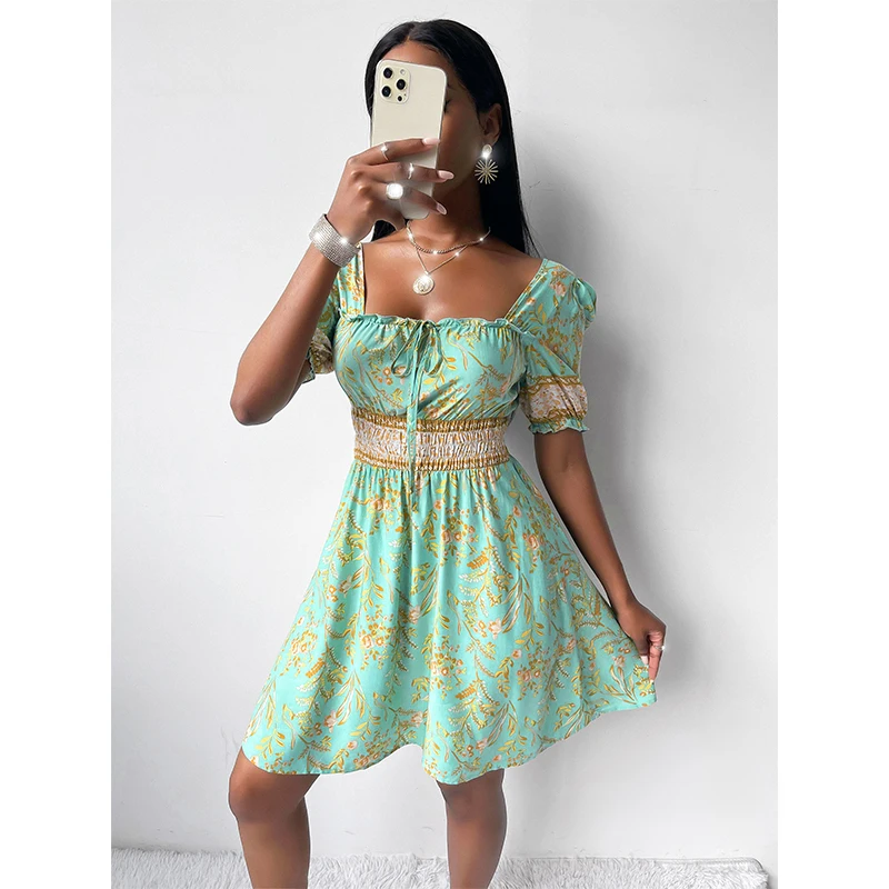 Wholesale Ladies Fashion Dresses Puff Sleeve Square Neck Tied Front Short Pleated A-line Smocked Girls Dress