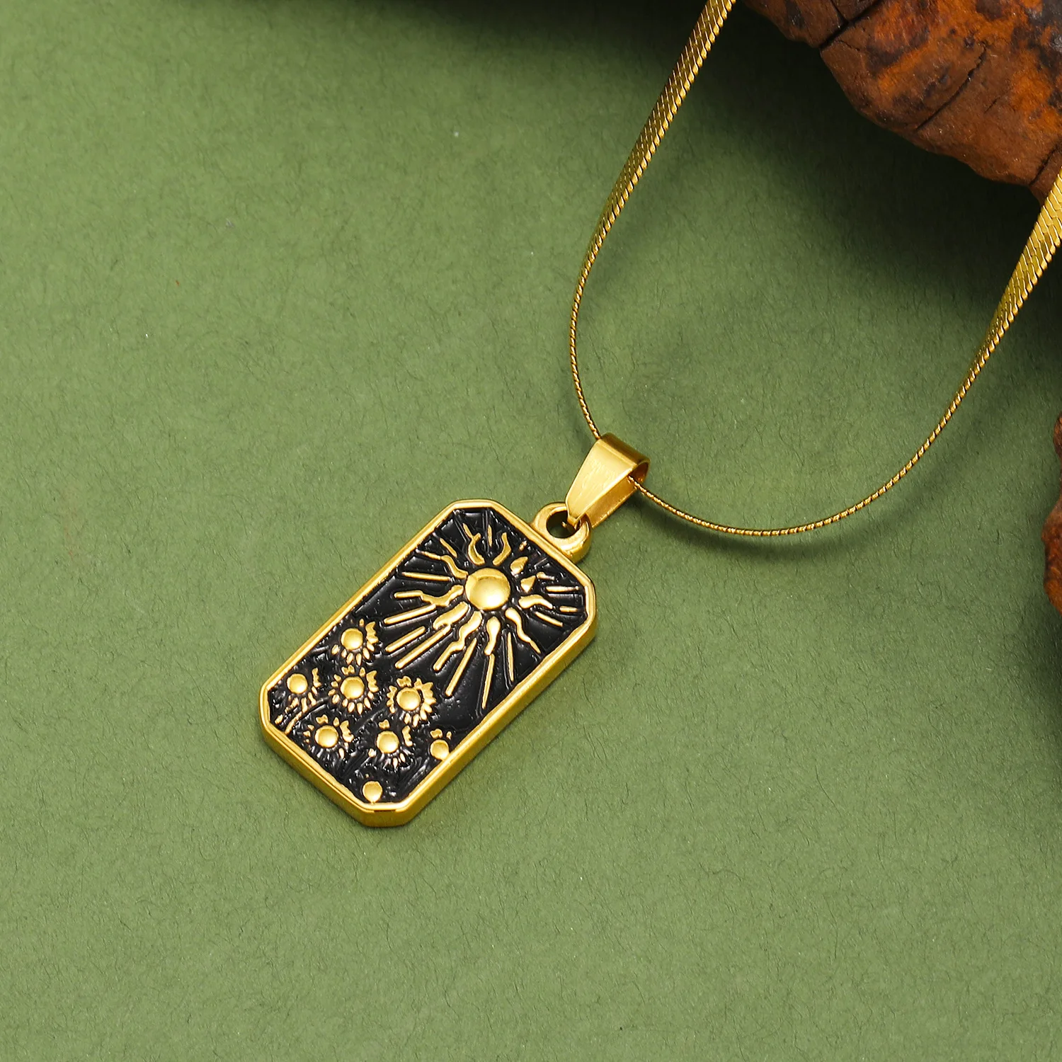 Classic Black Oil Drip Square Plate Divination Necklaces Gold Stainless Steel Snake Chain Diamond Inlay Tarot Necklaces