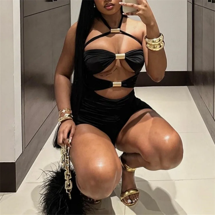 Sexy Metal Ring Hollow Out Bodycon Rompers Womens Jumpsuit Night Club Outfits Skinny  One Piece Overalls