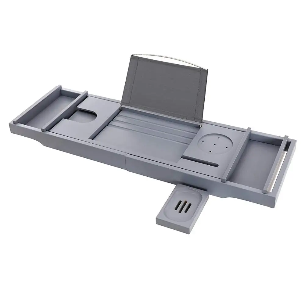 Luxury Extendable Bathtub Caddy Tray with Book and Wine Holder, Bamboo Wood Bathroom Organizer Bed Tray Free Soap Gray