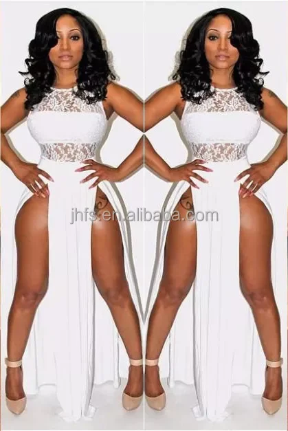 J&H fashion high waist sleeveless lace dress with double slit ladies sexy elegance evening dress