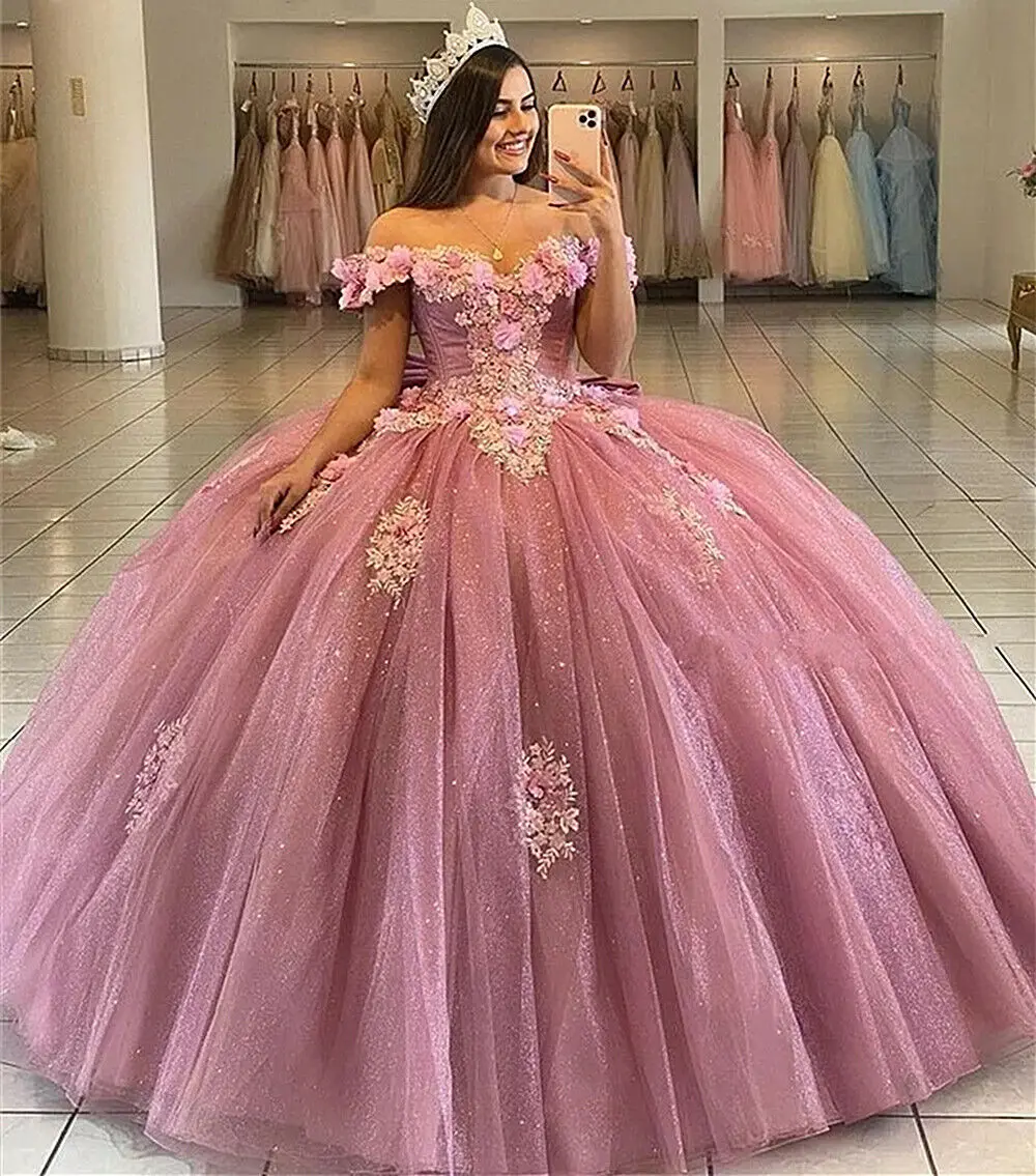 Charming Off The Shoulder Quinceanera Dresses Dusty Pink 3D Flowers Lace Ball Gown Sweet 15 16 Dresses